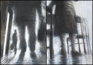 FALSE ENCOUNTER, graphite and white tempera on wood, 70x100cm, 2010, Mariarosaria Stigliano