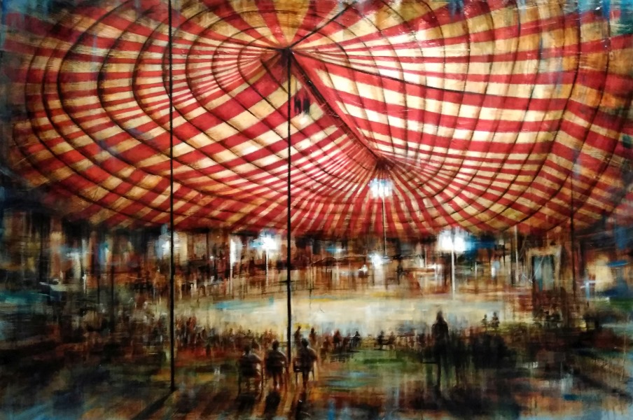 CIRCUS, olio pigmenti e smalti su tela, 100x120cm, 2020, di Mariarosaria Stigliano