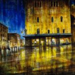 APPUNTAMENTO A BOLOGNA, olio, pigmenti e smalti su tela, 60x100cm, 2017, di Mariarosaria Stigliano