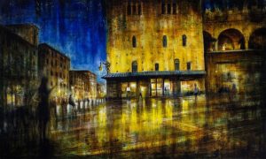 APPUNTAMENTO A BOLOGNA, olio, pigmenti e smalti su tela, 60x100cm, 2017, di Mariarosaria Stigliano