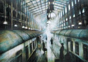 BABYLON STATION ARRIVI E PARTENZE, olio su tela, 95x130cm, 2014 di Mariarosaria Stigliano