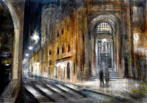 DIALOGHI NOTTURNI, olio pigmenti e smalti su tela, 50x70cm, 2021, di Mariarosaria Stigliano