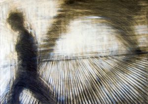 INSEGUITA DALLA MIA OMBRA grafite e tempera bianca su tavola 70x100cm 2010 di Mariarosaria Stigliano
