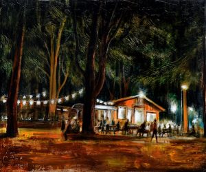 LO CHALET, olio pigmenti e smalti su tela, 40x50cm, 2021, di Mariarosaria Stigliano