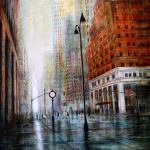 LOST IN THE CITY, olio pigmenti e smalti su tela, 100x80cm, 2016, di Mariarosaria Stigliano