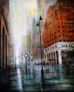 LOST IN THE CITY, olio pigmenti e smalti su tela, 100x80cm, 2016, di Mariarosaria Stigliano