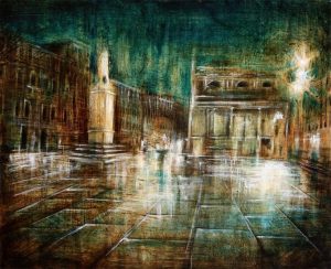 NOTTE A VENEZIA, olio, pigmenti e smalti su legno, 40x50cm, 2013, di Mariarosaria Stigliano