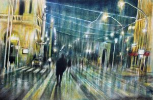 RAINY LIGHTS, olio pigmenti e smalti su cartonlegno, 40x60cm, 2015 di Mariarosaria Stigliano