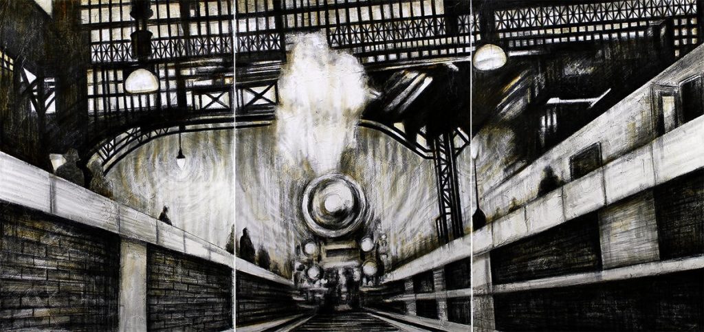 TRAIN TO BABYLON TRITTICO grafite tempera bianca e smalto su tela 100x210cm 2014 di Mariarosaria Stigliano