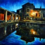 BAGNO VIGNONI: olio, pigmenti e smalti su tela, 50x50cm, 2022, di Mariarosaria Stigliano