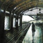 BERLINO STAZIONE, olio pigmenti e smalti su cartonlegno, 120x85cm, 2014, di Mariarosaria Stigliano