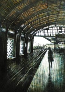 BERLINO STAZIONE, olio pigmenti e smalti su cartonlegno, 120x85cm, 2014, di Mariarosaria Stigliano