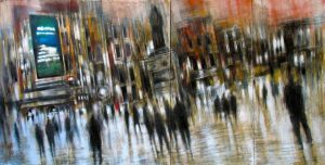 CAMPO DE FIORI, olio pigmenti e smalti su tavola, 45x95cm, 2009, di Mariarosaria Stigliano