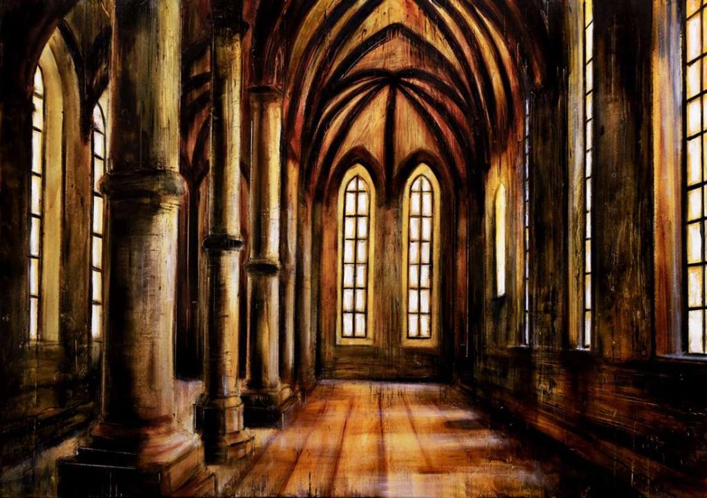 CATTEDRALE (3): olio, pigmenti e smalti su tela, 70x100cm, 2022, di Mariarosaria Stigliano