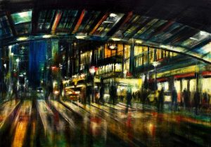 CITY: olio, pigmenti e smalti su tela, 50x70cm, 2022, di Mariarosaria Stigliano