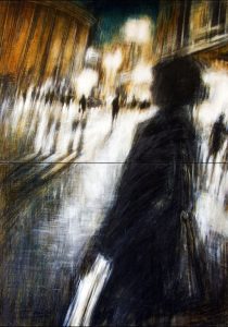 CONVERSAZIONI NOTTURNE, dittico, olio pigmenti e smalti su tavola, 142x102cm, 2010, di Mariarosaria Stigliano