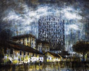 GAZOMETRO, olio pigmenti e smalti su tela, 85x110cm, 2018, di Mariarosaria Stigliano