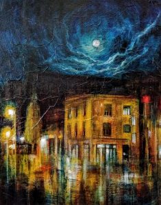 NOTTE DI LUNA, olio pigmenti e smalti su tela, 50x40cm, 2018, di Mariarosaria Stigliano