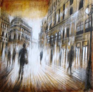 PASSEGGIARE, olio pigmenti e smalti su tavola, 60x60cm, 2010, di Mariarosaria Stigliano