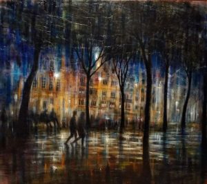 PASSEGGIATA NOTTURNA 2, olio pigmenti e smalti su tela, 100x120cm 2020, di Mariarosaria Stigliano