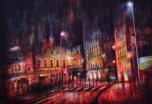 ROSSO DI NOTTE, olio pigmenti e smalti su tela, 65x95cm, 2015, di Mariarosaria Stigliano