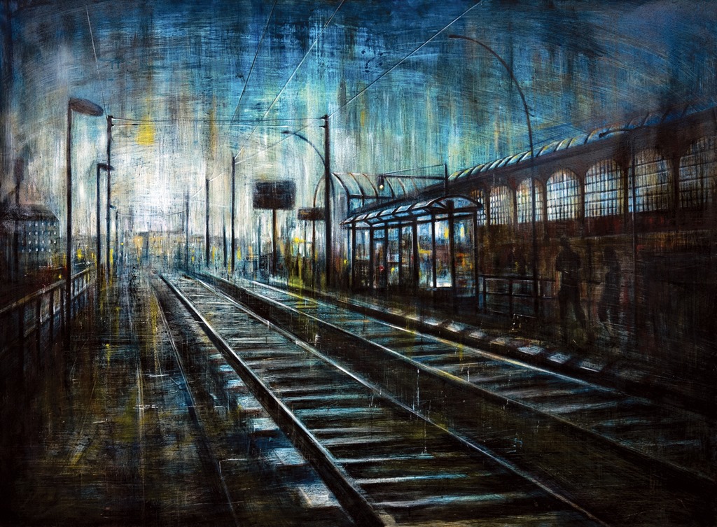 STAZIONE 3, olio pigmenti e smalti su tela, 110x150cm 2018, di Mariarosaria Stigliano