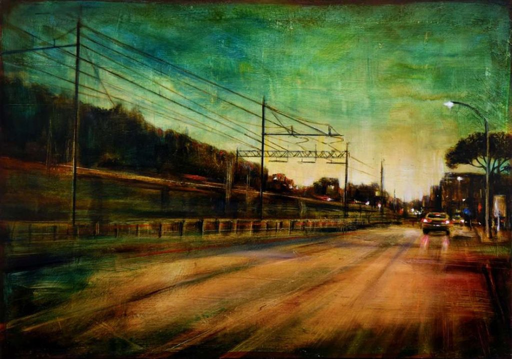 THE ROAD: olio, pigmenti e smalti su tela, 50x70cm, 2022, di Mariarosaria Stigliano