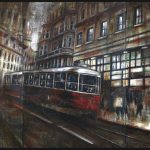 TRAM 22, polittico, olio pigmenti e smalti su tela, 100x210cm, 2018, di Mariarosaria Stigliano