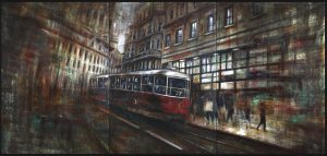 TRAM 22, polittico, olio pigmenti e smalti su tela, 100x210cm, 2018, di Mariarosaria Stigliano