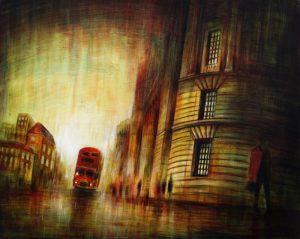 A BUS IN THE FOG, oil pigments and enamel on canvas, 80x100cm, 2016, Mariarosaria Stigliano