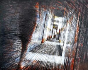 CORRIDOR, graphite and oil on wood, 81x102cm, 2009, Mariarosaria Stigliano