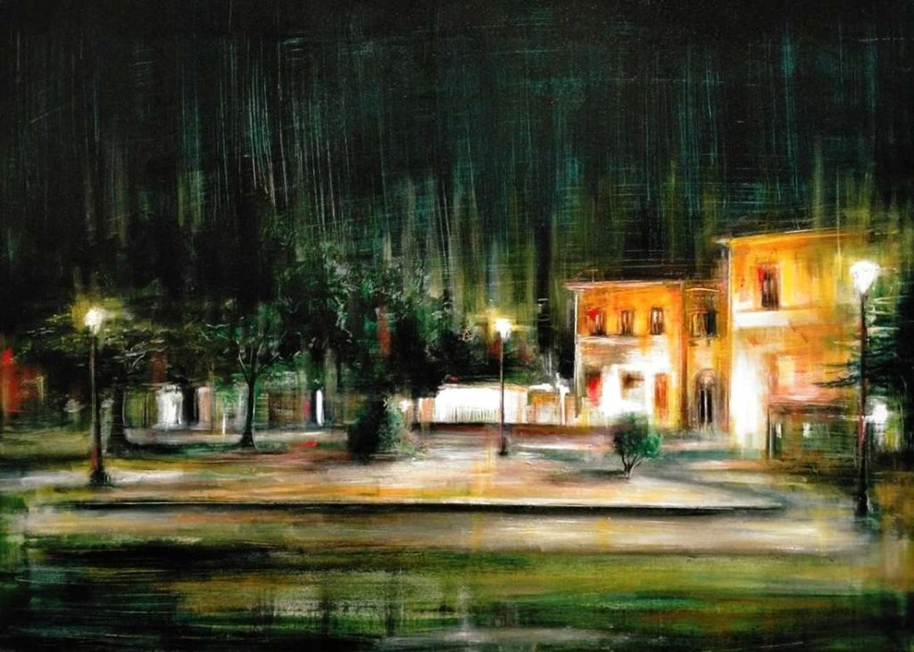 IN THE SILENCE OF THE NIGHT, oil pigments and enamel on canvas, 50x70cm, 2022, Mariarosaria Stigliano