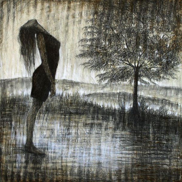 LADY BIRD SKY, graphite and white tempera on canvas, 60x60cm, 2013, Mariarosaria Stigliano