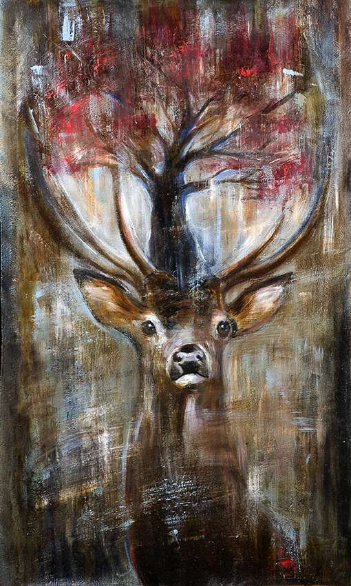 THE DREAM OF THE DEER, oil pigments and enamel on canvas, 70x40cm, 2019, Mariarosaria Stigliano