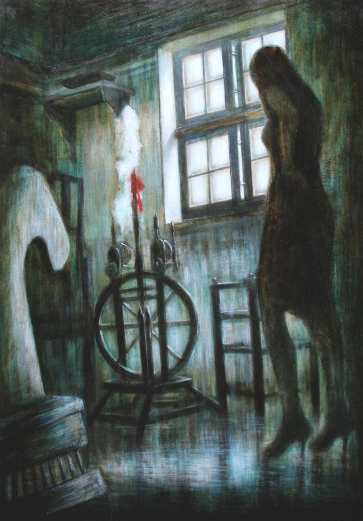 THE ENCHANTED SPINNING WHEEL oil pigments and enamel on wood, 120x85cm, 2012, Mariarosaria Stigliano