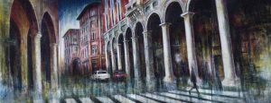 UNDER THE ARCADES – polyptych, oil pigments and enamel on canvas, 70x180cm, 2017, Mariarosaria Stigliano