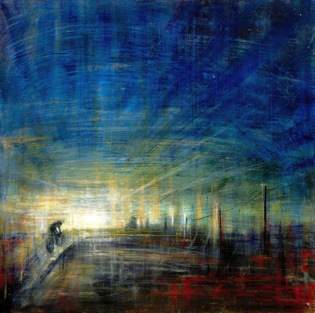 PEDALANDO VERSO IL SOLE, olio pigmenti e smalti su tela, 40x40cm, 2021, di Mariarosaria Stigliano