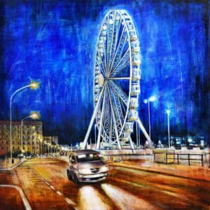 FERRIS WHEEL, oil pigments and enamel on canvas, 100x100cm, 2023, Mariarosaria Stigliano