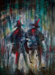 Pinocchio e i carabinieri, olio, pigmenti e smalti su tela, 40x30cm, 2021